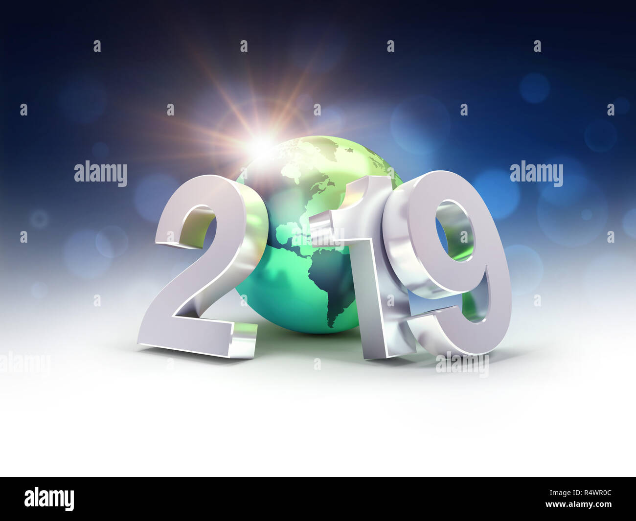 2019 Anno Nuovo data d'argento numero composto con una verde del pianeta terra, focalizzato su America, il sole che splende dietro - 3D illustrazione Foto Stock