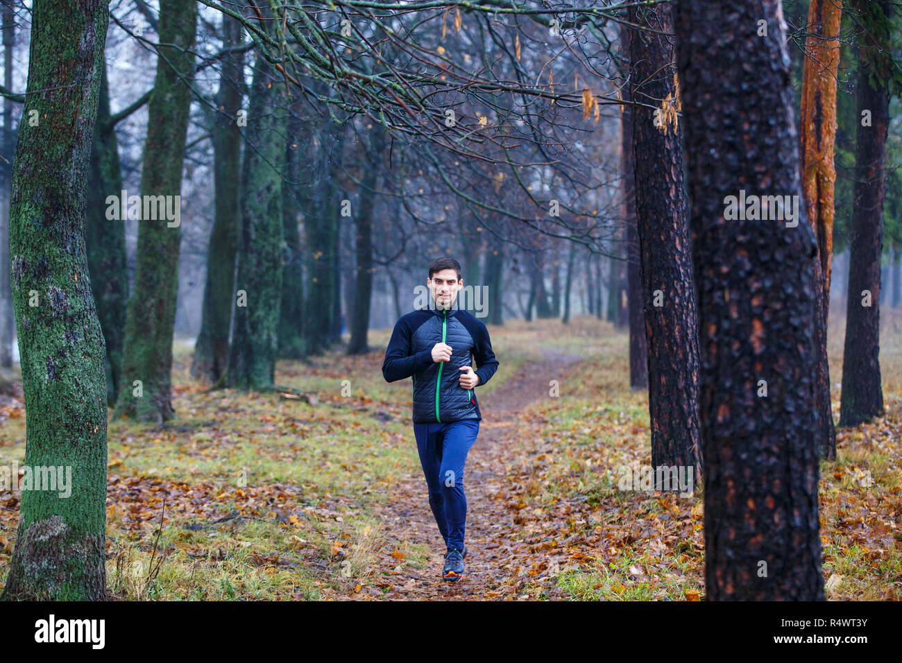 Giovane uomo jogging in autunno nel parco la mattina. Trail runner formazione nel tardo autunno Foto Stock