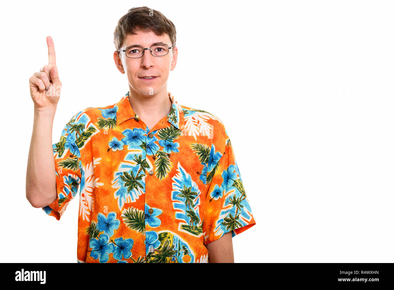 Studio shot dell'uomo puntare il dito fino Foto Stock