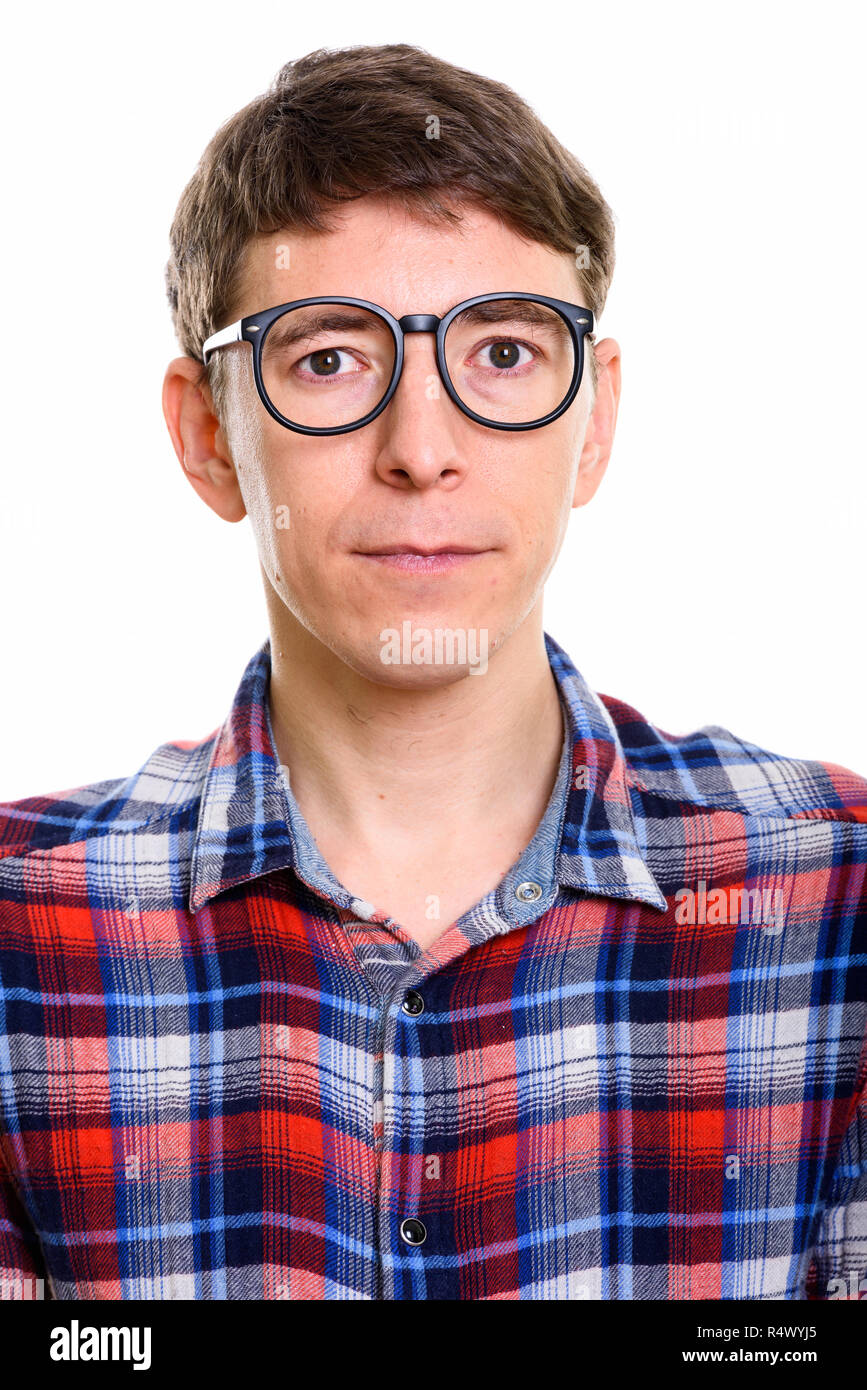 La faccia di soggetti di razza caucasica nerd uomo che indossa occhiali Foto Stock