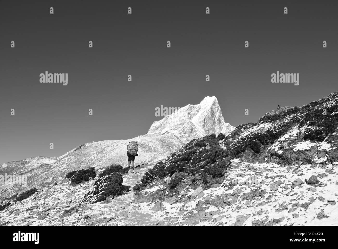 Porter su un sentiero di montagna e Cholatse picco in background Foto Stock