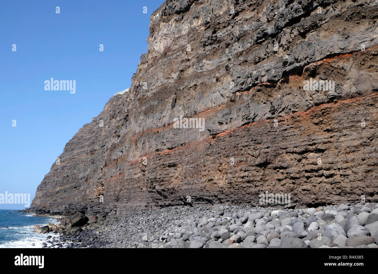 Le striature nelle scogliere di Tazacorte, mostrante la formazione vulcanica dell'isola di La Palma, Canarie Foto Stock