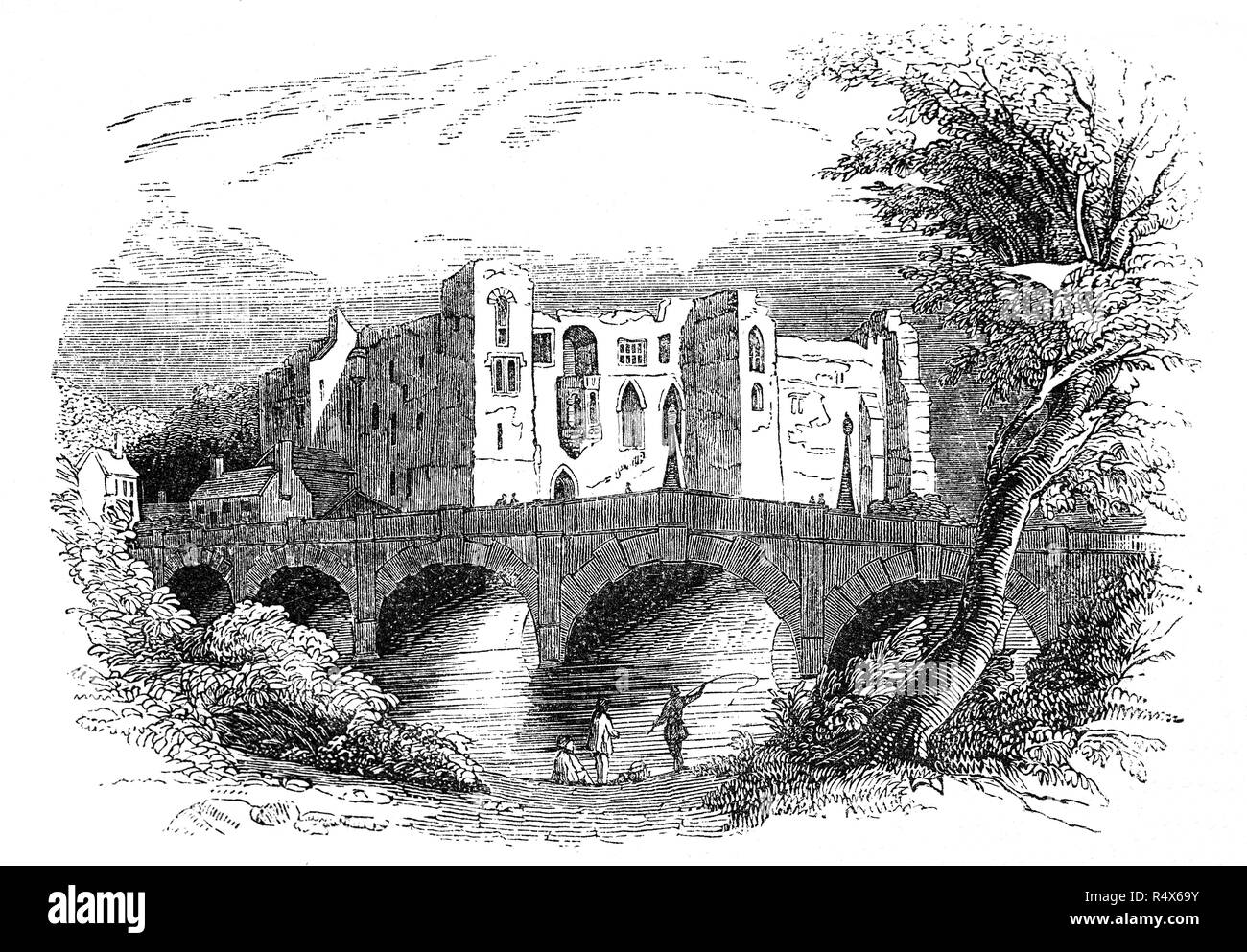 Newark Castle e il bridge in Newark-on-Trent, nella contea inglese del Nottinghamshire è stata fondata nel 1135, quando il Re Enrico I concessi Alexander, Vescovo di Lincoln il permesso di costruire un castello sulla ther rive del fiume Trent. Originariamente costruito in legno castello, fu ricostruito in pietra verso la fine del secolo. Re Giovanni morì dopo una festa in questo castello la notte del 18 ottobre 1216 da dissenteria. Essa è stata smantellata nel XVII secolo dopo la Guerra Civile Inglese, ma castello restaurato nel XIX secolo. Foto Stock