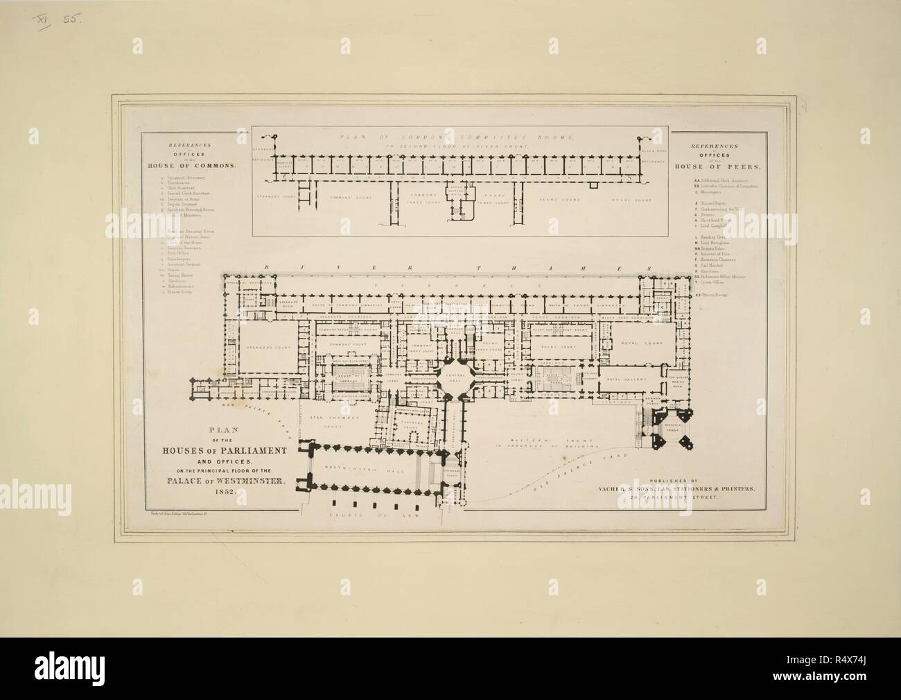 Le Case del Parlamento. 1852. Pianta della casa del Parlamento e gli uffici sul piano principale del Palazzo di Westminster, 1852. Originariamente pubblicato/prodotta nel 1852. . Fonte: maps.Crace.11.55,. Lingua: Inglese. Foto Stock