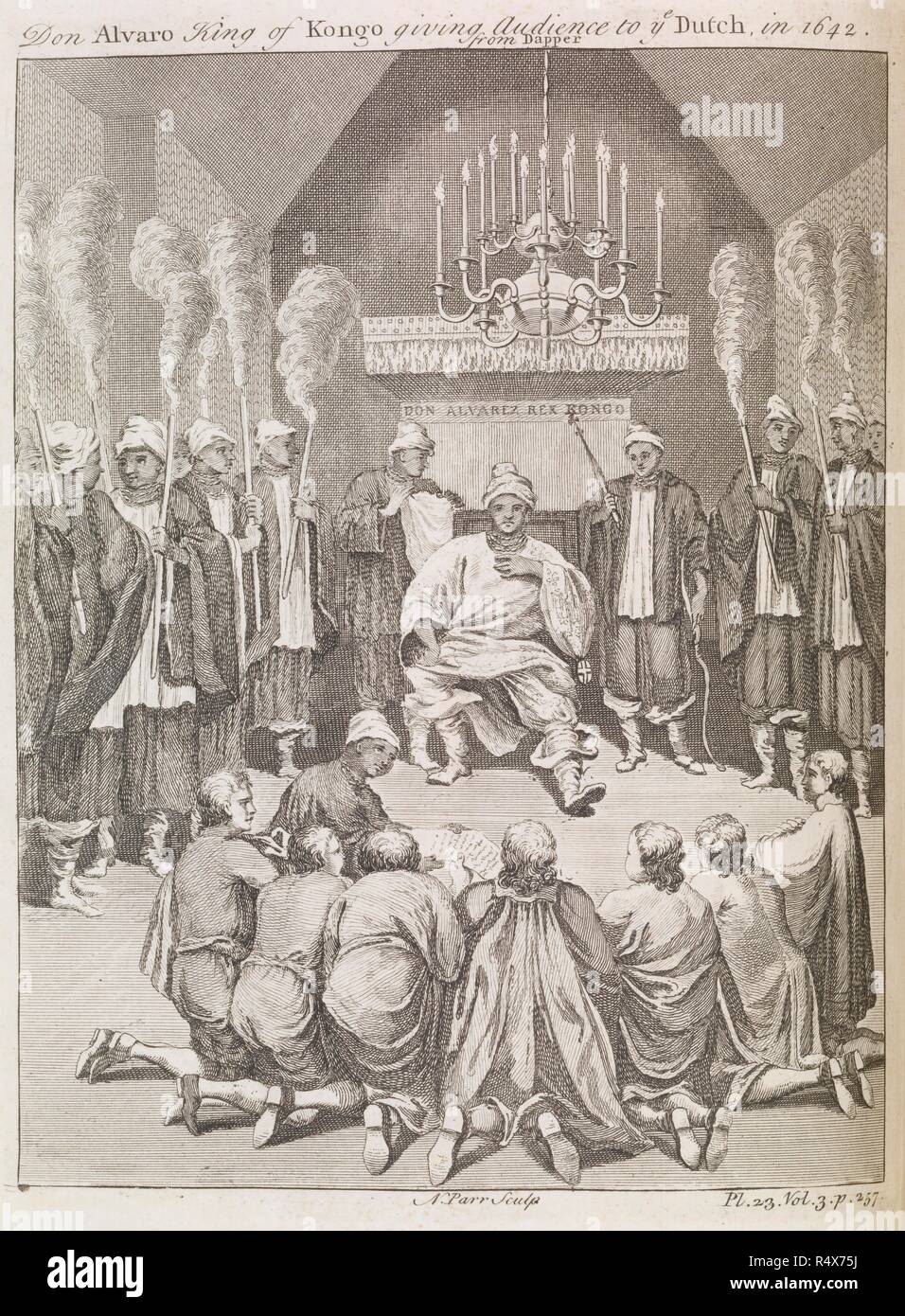 Don Alvaro, re del Kongo dava udienza. Una nuova collezione generale di viaggi e viaggi .. Londra, 1745-47. Fonte: V.9733.(3). Foto Stock