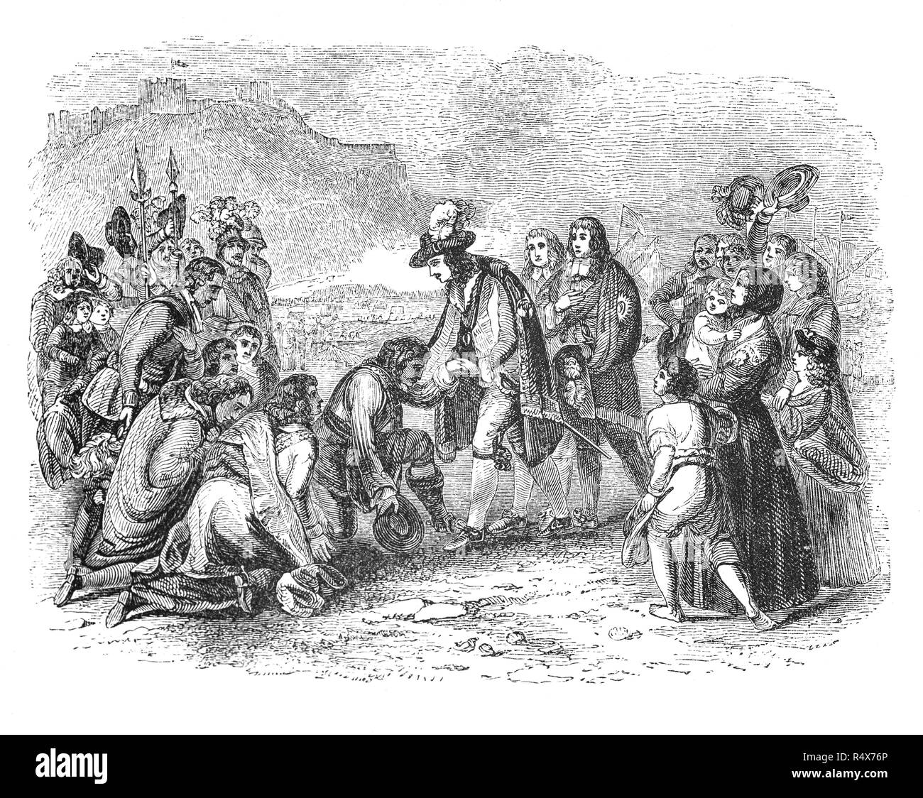 Charles II arrivando a Dover il 25 maggio 1660 dopo l'impostazione fuori da Scheveningen. Egli ha raggiunto a Londra il 29 maggio, il suo trentesimo compleanno. Sebbene Charles e il Parlamento ha concesso l'amnistia a quasi tutti di Cromwell's sostenitori nell'atto di indennizzo e di oblio, 50 persone erano espressamente esclusi. In fine nove regicides erano stati eseguiti: essi erano stati impiccati, disegnato e squartato; altri hanno dato la vita di reclusione o semplicemente esclusi dall ufficio per la vita. I corpi di Oliver Cromwell, Henry Ireton e John Bradshaw sono state sottoposte alla umiliazione di decapitazioni postuma. Foto Stock