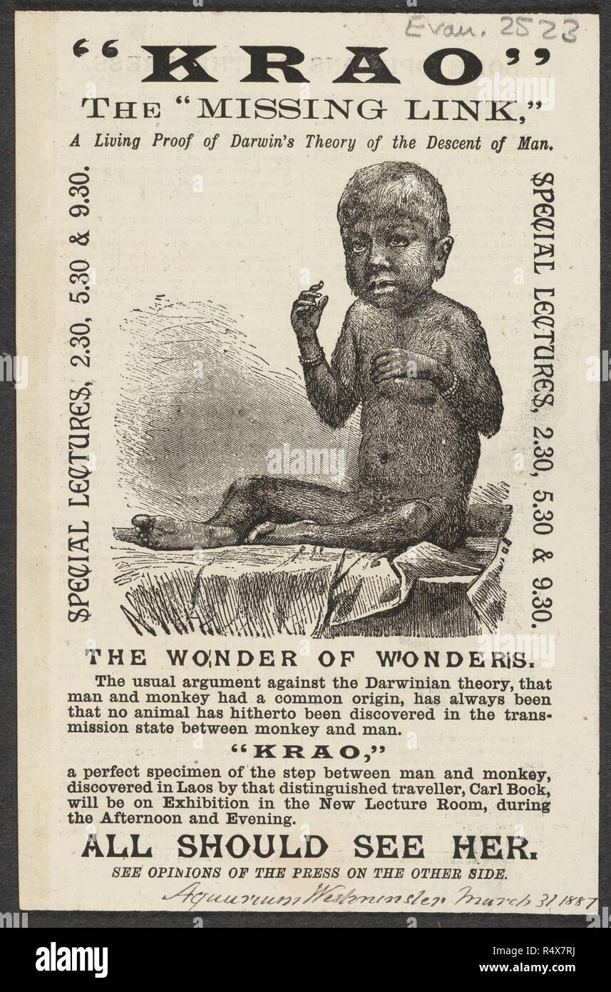 Un annuncio pubblicitario per 'Krao' il 'collegamento mancante', una prova vivente di la teoria di Darwin della discesa dell'uomo. Londra , 1887. Fonte: Evan.2523. Foto Stock
