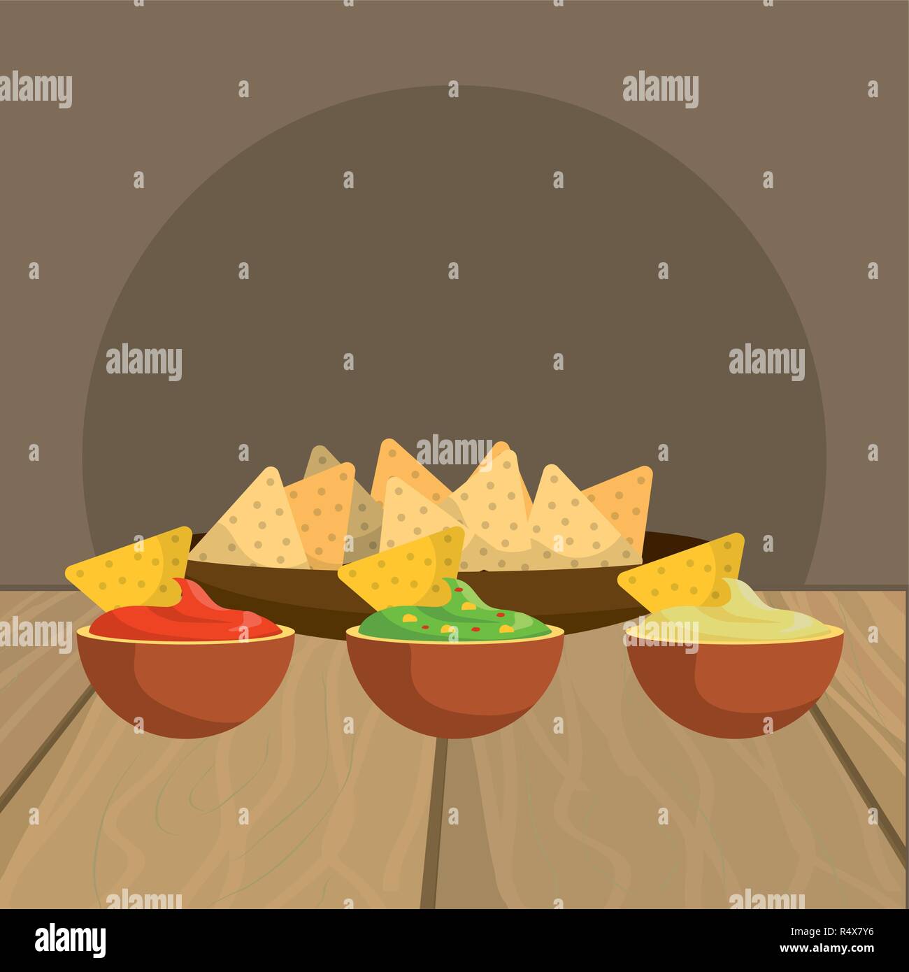 Cibo messicano nachos e salse sul tavolo al ristorante Illustrazione Vettoriale