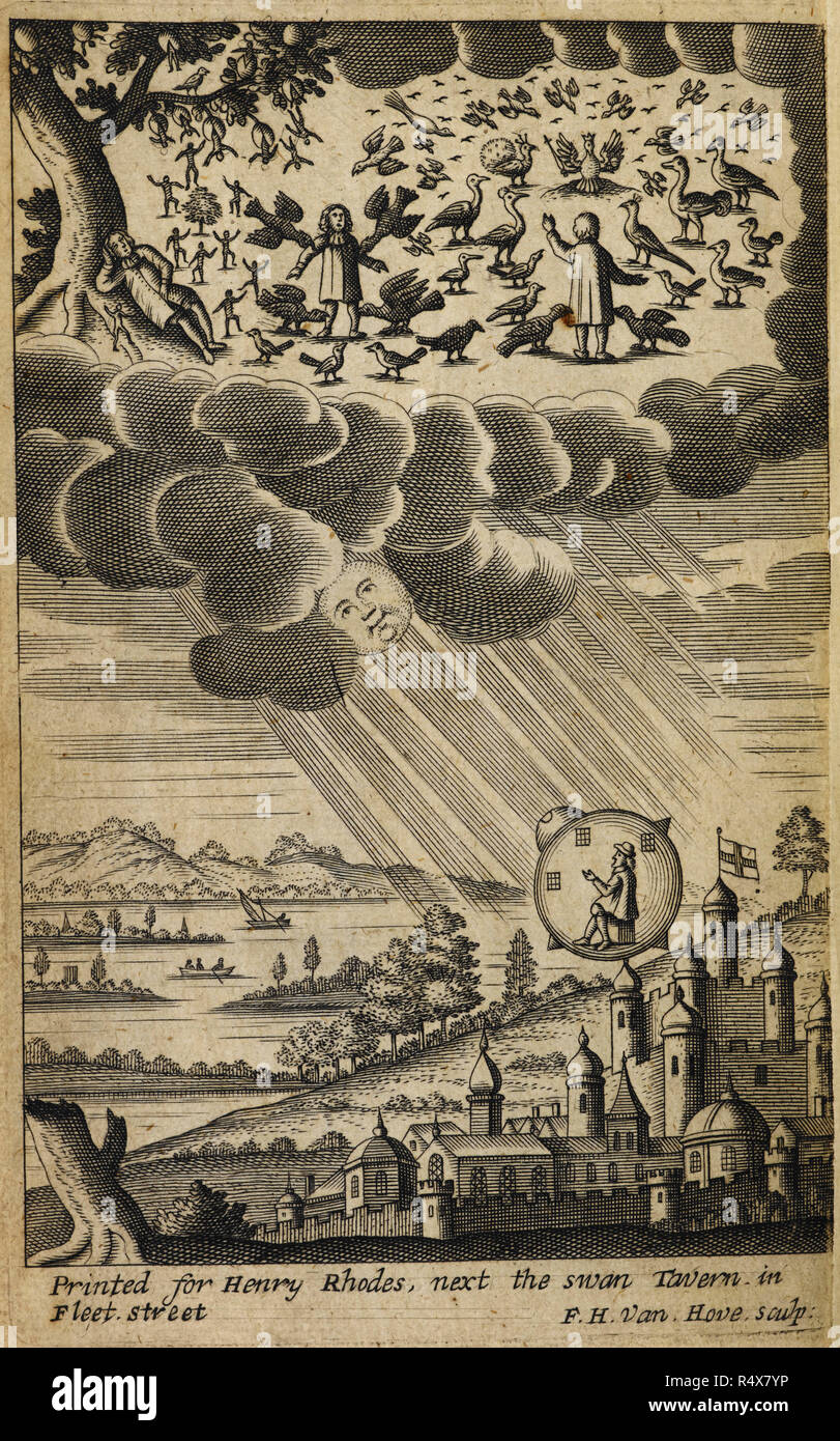 Un globo di salita essendo utilizzato come trasporto verso la luna, illustrazione. La fantascienza. Autore "Cyrano de Bergerac,. Museo: British Library. Foto Stock