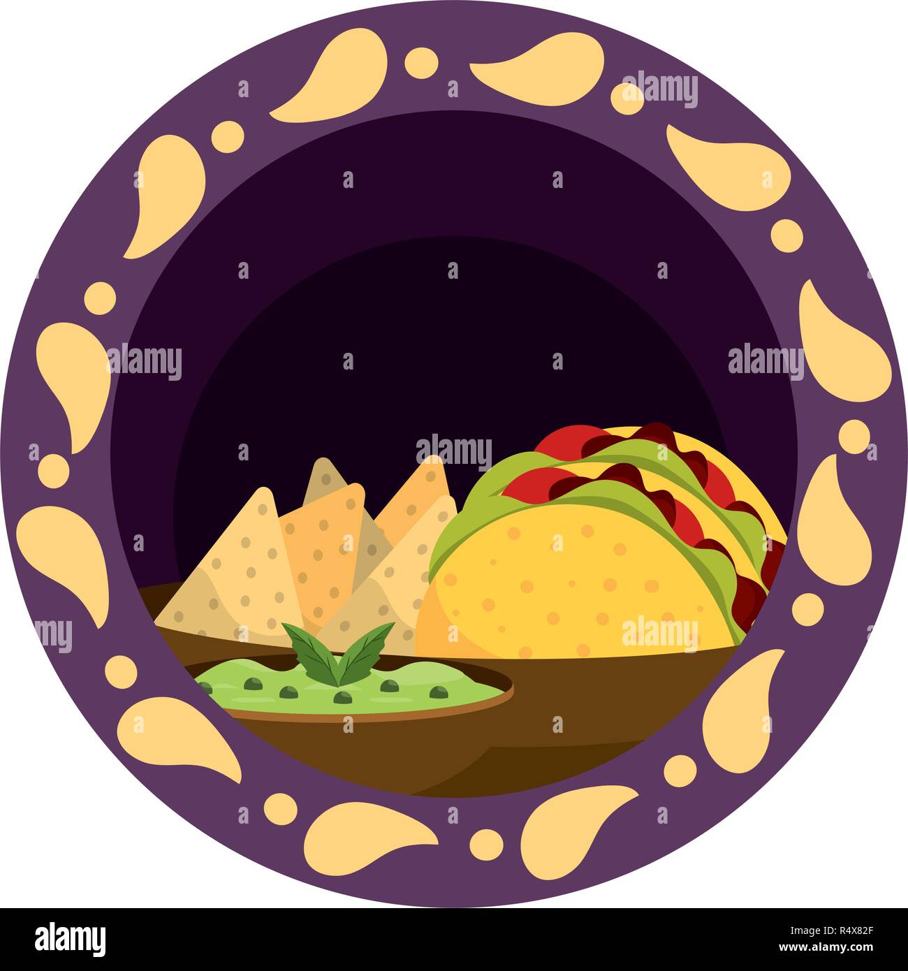 Cibo messicano nachos e burrito con il guacamole Illustrazione Vettoriale