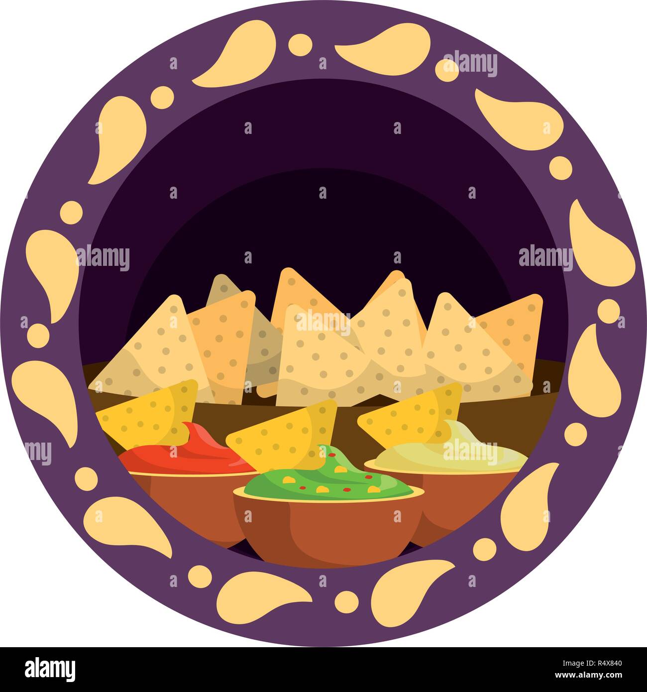 Cibo messicano nachos con salse e guacamole Illustrazione Vettoriale