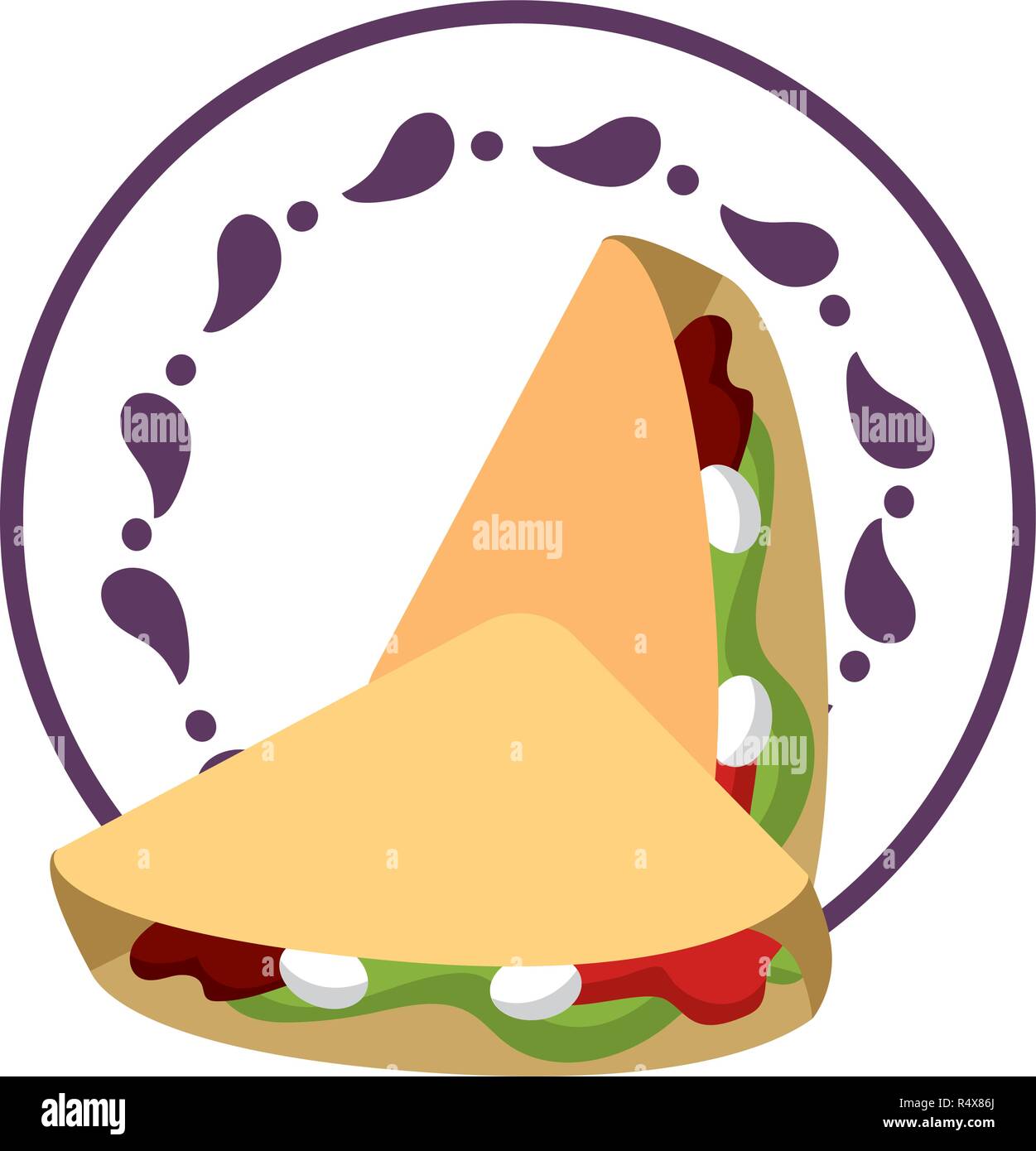 Cibo messicano burrito su etichetta rotonda emblema Illustrazione Vettoriale