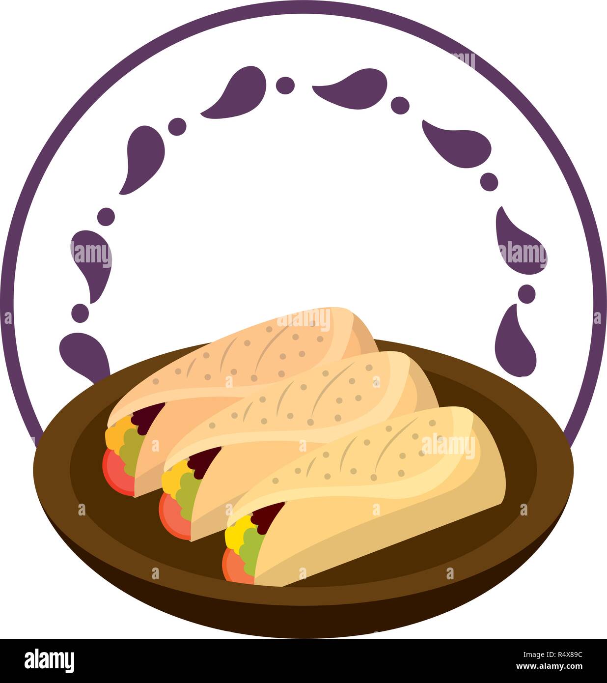 Cibo messicano burrito sul piatto sulla etichetta rotonda emblema Illustrazione Vettoriale