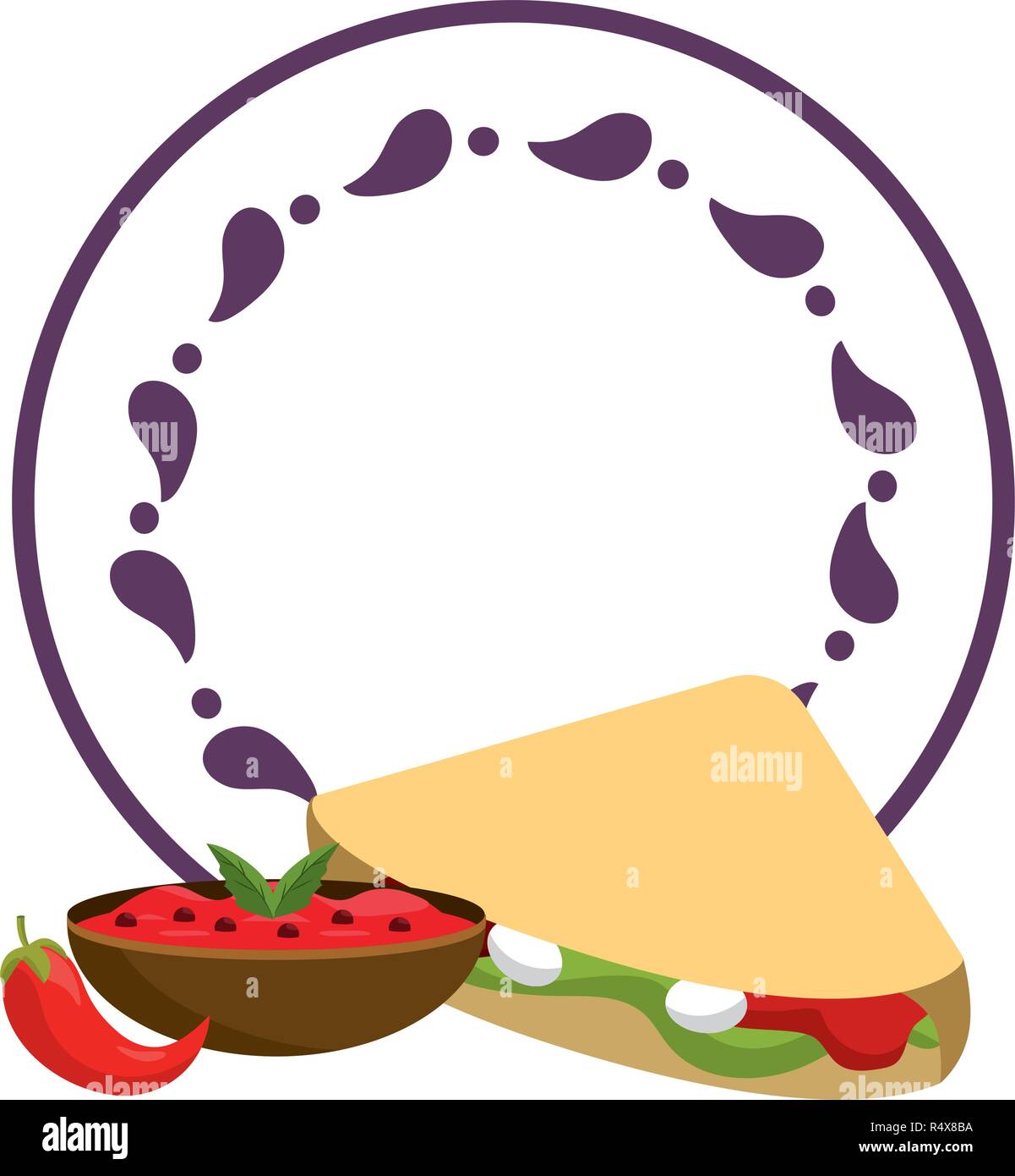 Cibo messicano burrit e peperoncino ciotola su etichetta rotonda emblema Illustrazione Vettoriale