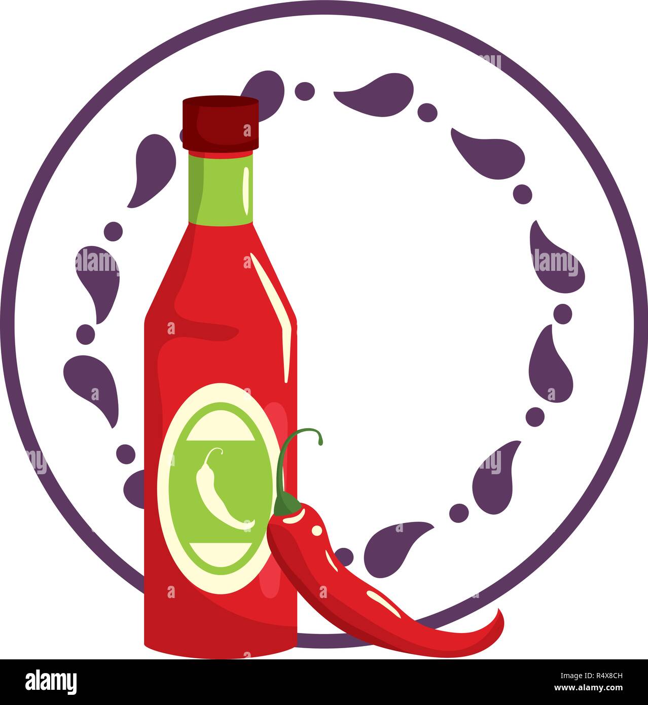 Cibo messicano di peperoncino bottiglia su etichetta rotonda emblema Illustrazione Vettoriale