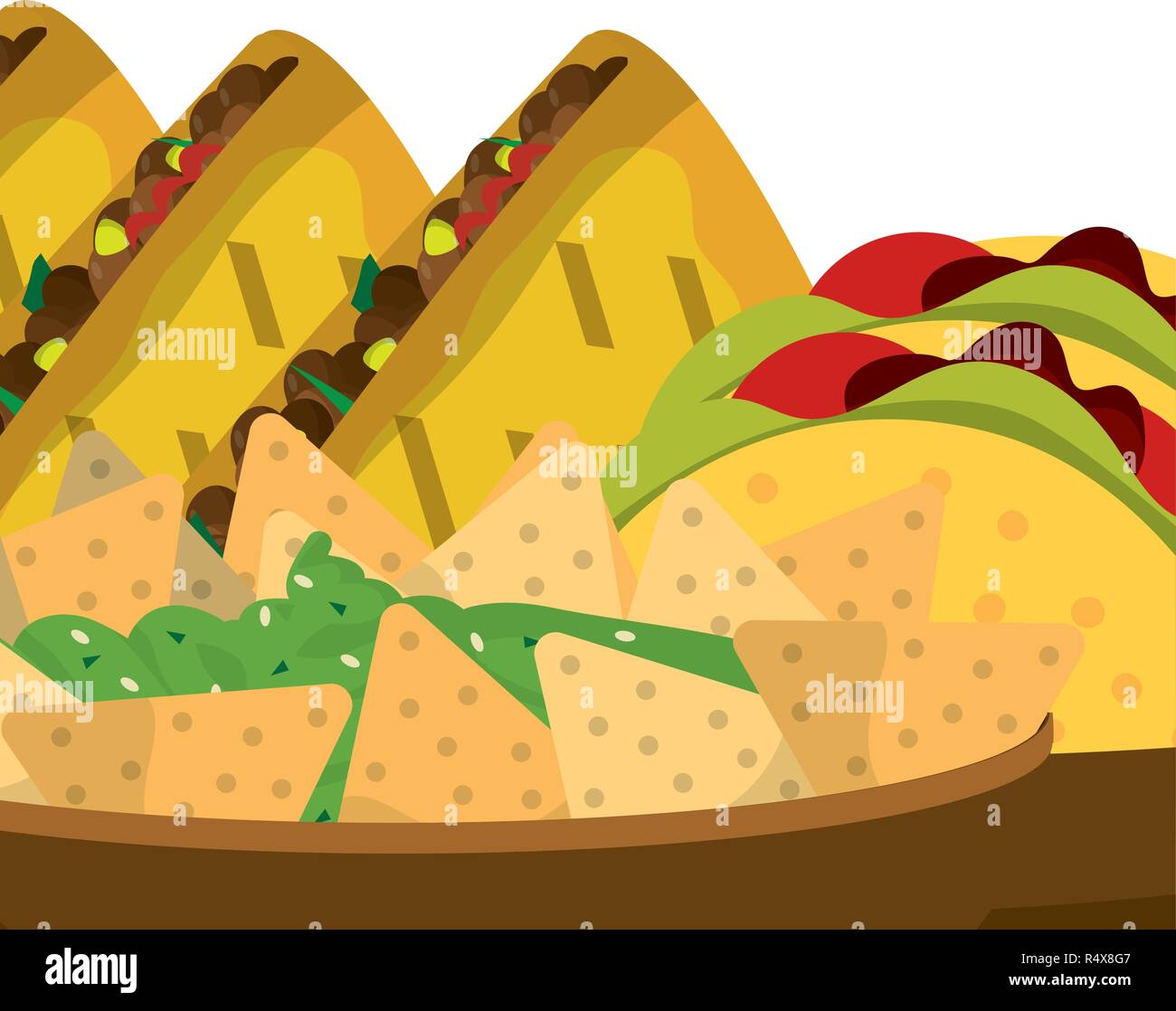 Cibo messicano nachos burrito tacos e nel recipiente Illustrazione Vettoriale