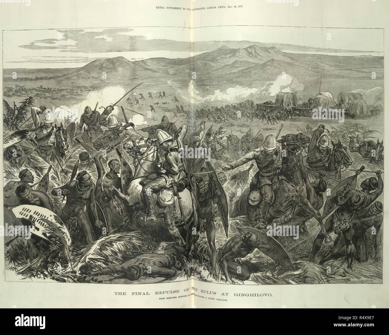 Il repluse finale degli Zulu a Ginghilovo. Da schizzi forniti dal tenente colonnello J. Nord Crealock. Illustrated London News. Londra, 24 maggio 1879. La battaglia, il 2 aprile 1879, vide una Zulu impi di 11.000 uomini cercare di distruggere un si accamparono forza britannica di 6.000. Il britannico ha perso solo undici uomini uccisi, mentre i Zulu perso oltre un migliaio. Fonte: Illustrated London News pagine 492 e 493. Foto Stock