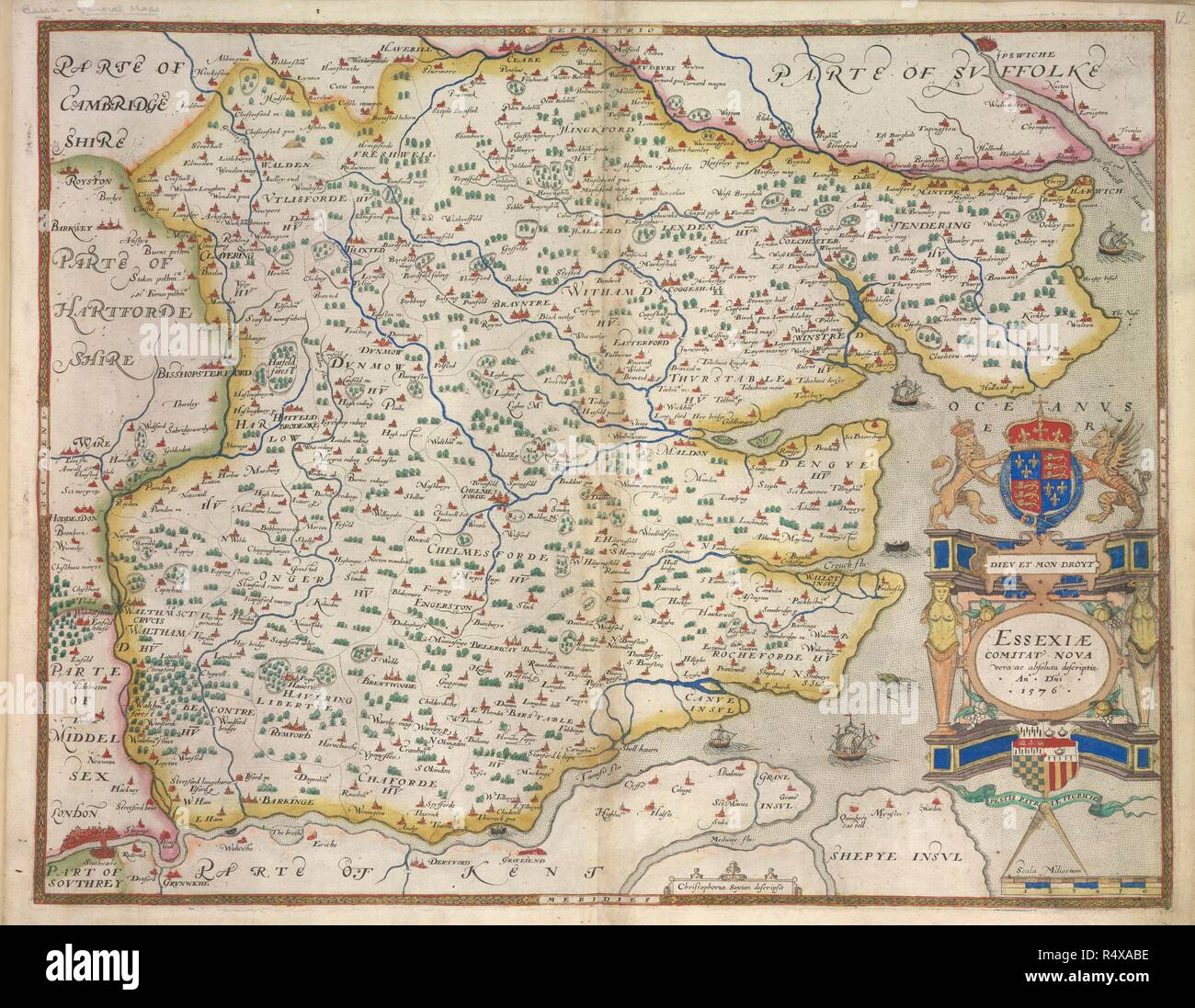 Essex. EssexiÃ¦ Comitat. nova descriptio 1576.Christophorus Saxton descripsit. C. Saxton del Atlante di Inghilterra e Galles. [Londra], 1576. Fonte: maps.C.7.c.1, 12. Autore: SAXTON, CHRISTOPHER. Foto Stock