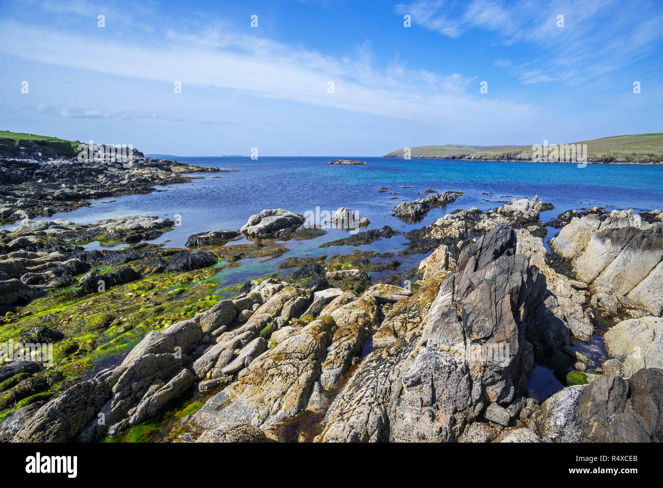 Spiaggia a West Sandwick sull'Isola di Yell, isole Shetland, Scotland, Regno Unito Foto Stock