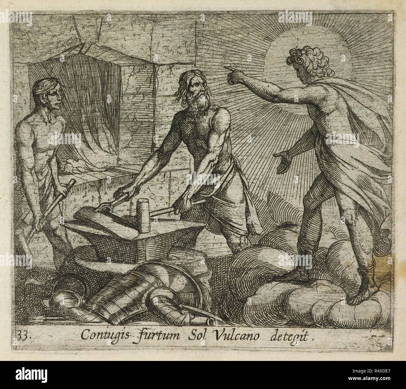 Apollo a Vulcan del Forge. Metamorphoseon sive Transformationum Ovidianarum libri quindecim, Ã¦neis formis ab A. Tempesta incisi, ecc. Anversa, 1606. Fonte: 11355.a.12, la piastra 33. Lingue: Latina. Autore: Ovidio, (Publio Ovidius naso). Foto Stock