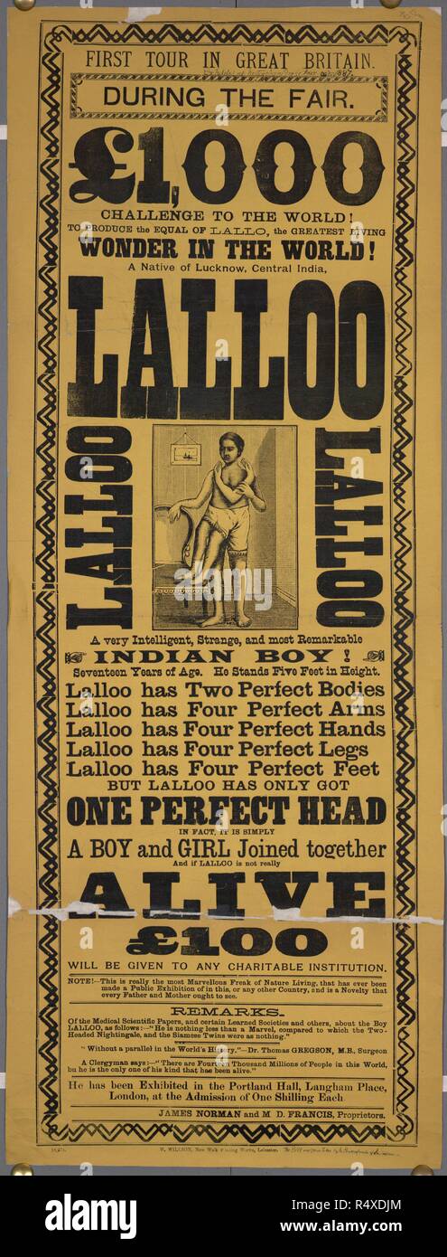 Un poster che offre â€1.000 per produrre la parità di Lalloo, la più grande meraviglia vivente nel mondo. Un nativo di Lucknow, India Centrale. Leicester, 1887. Fonte: Evan.461. Foto Stock