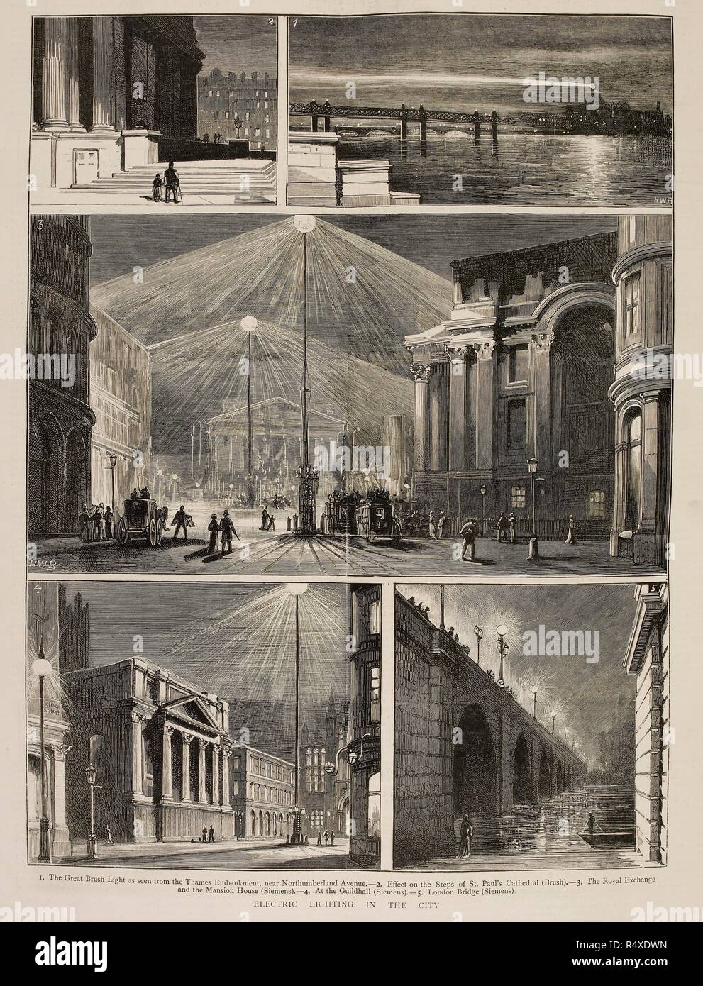 "L'illuminazione elettrica nella città". Varie viste del XIX secolo Londra di notte, illuminati dalla nuova illuminazione elettrica. Il grafico. Londra, 9 aprile 1881. Fonte: il grafico 09/04/1881, p. 348. Foto Stock