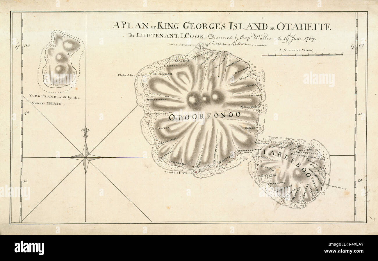 Un piano di Re Georges isola su Otaheite. Un'isola Captain Cook visitato sul suo primo viaggio, pubblicata tra il 1768-1771. Museo: British Library. Foto Stock
