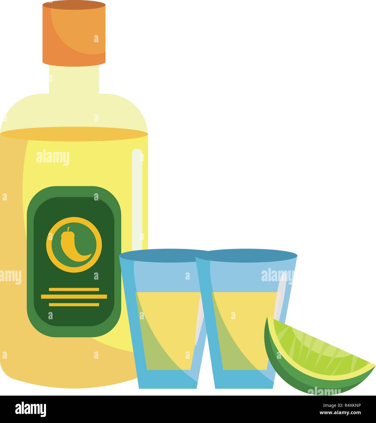 Icona messicana bottiglia di tequila con limone cartoon illustrazione vettoriale graphic design Illustrazione Vettoriale