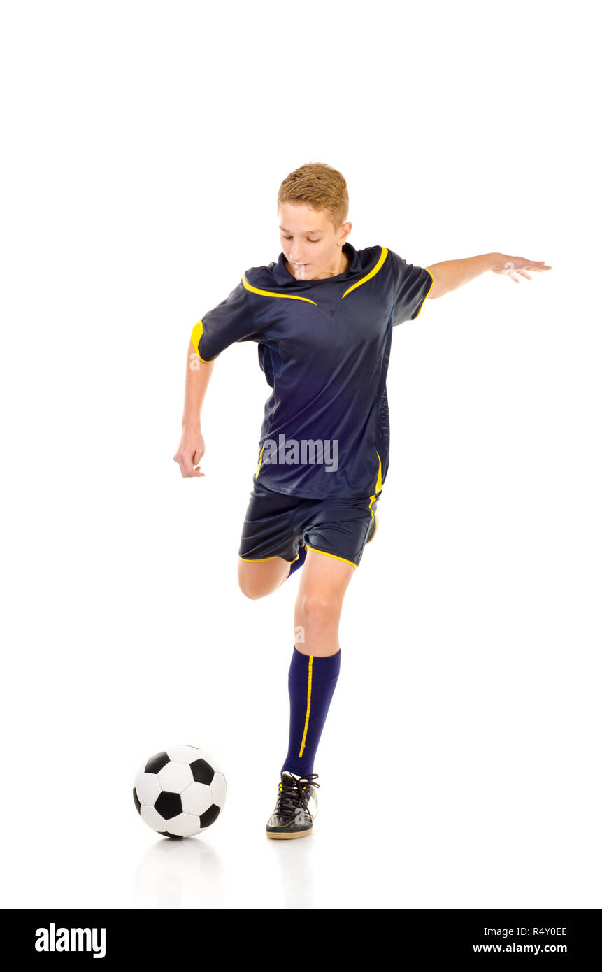 Giocatore di calcio isolati su sfondo bianco Foto Stock