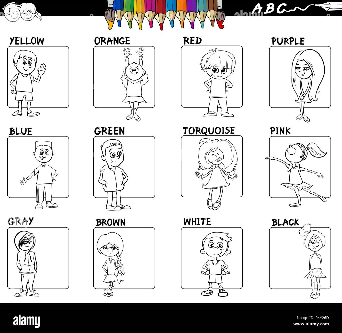 Bianco e Nero Cartoon illustrazione dei colori di base con bambini caratteri set educativi Libro di colore Illustrazione Vettoriale