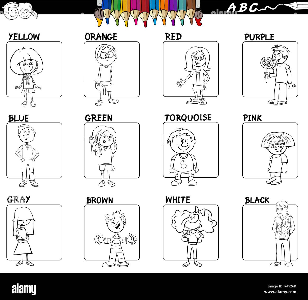 Bianco e Nero Cartoon illustrazione dei colori di base con Kid caratteri set educativi per bambini Libro di colore Illustrazione Vettoriale