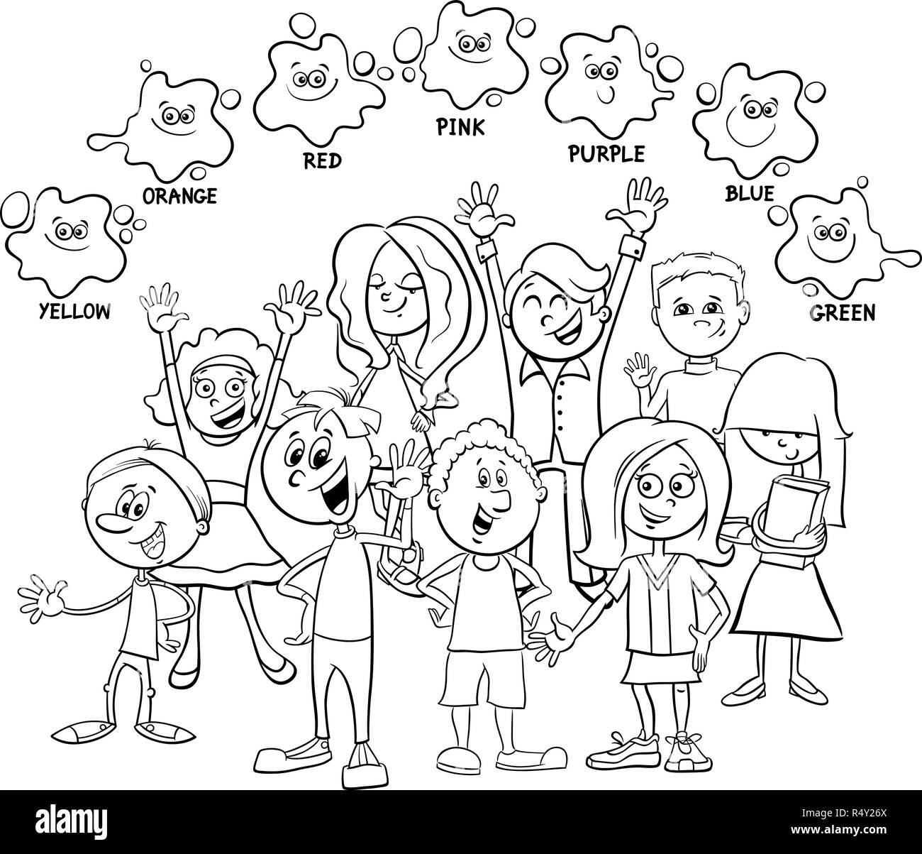 Bianco e Nero Cartoon illustrazione dei colori di base pagina educativa per bambini con caratteri bambini Libro da colorare Illustrazione Vettoriale