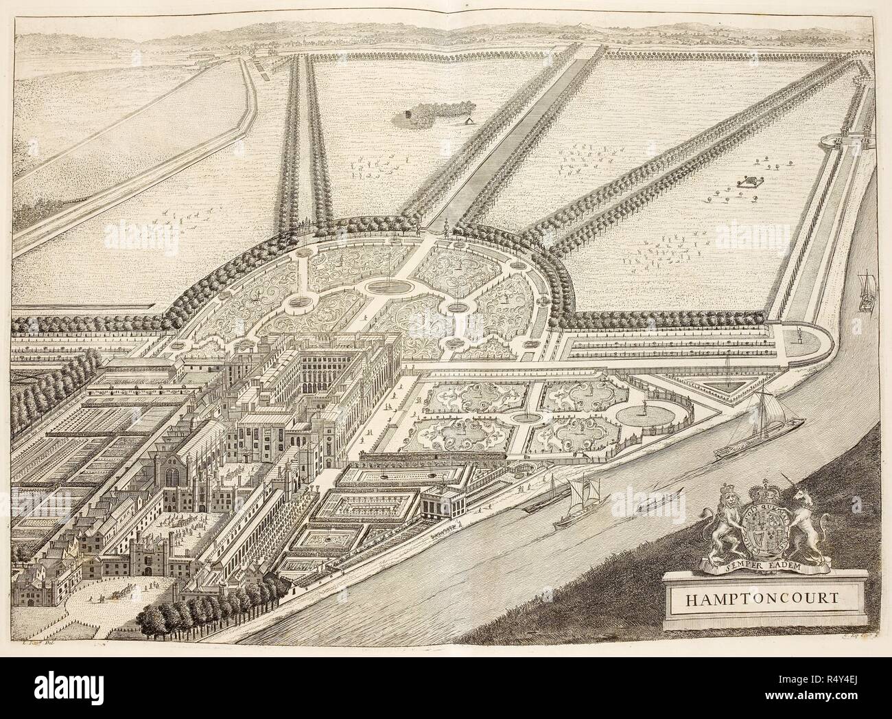 Un piano di massa di Hampton Court, un edificio tudor a Hampton sul Fiume Tamigi, dall'alto. Royal Palace,. Nouveau Theatre de la Grande Bretagne. Londra. Nouveau Theatre de la Grande Bretagne: ou description exacte des Palais de la Reine, et des Maisons les plus considerables des Seigneurs & des gentilshommes de la Grande Bretagne, ecc. Fonte: 191.g.10-13. Lingua: Inglese con titolo latino. Autore: SMITH, Giuseppe. Foto Stock