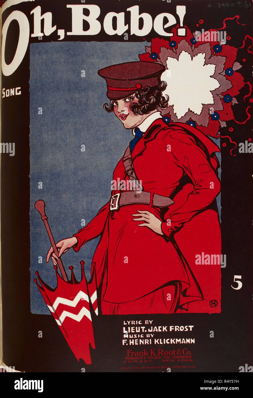 Coperchio di musica che mostra una giovane donna attraente che indossa una  uniforme rosso e tenendo un ombrello. Oh Babe ! (Basta salvare i baci per  il tuo soldato yankee boy). Una