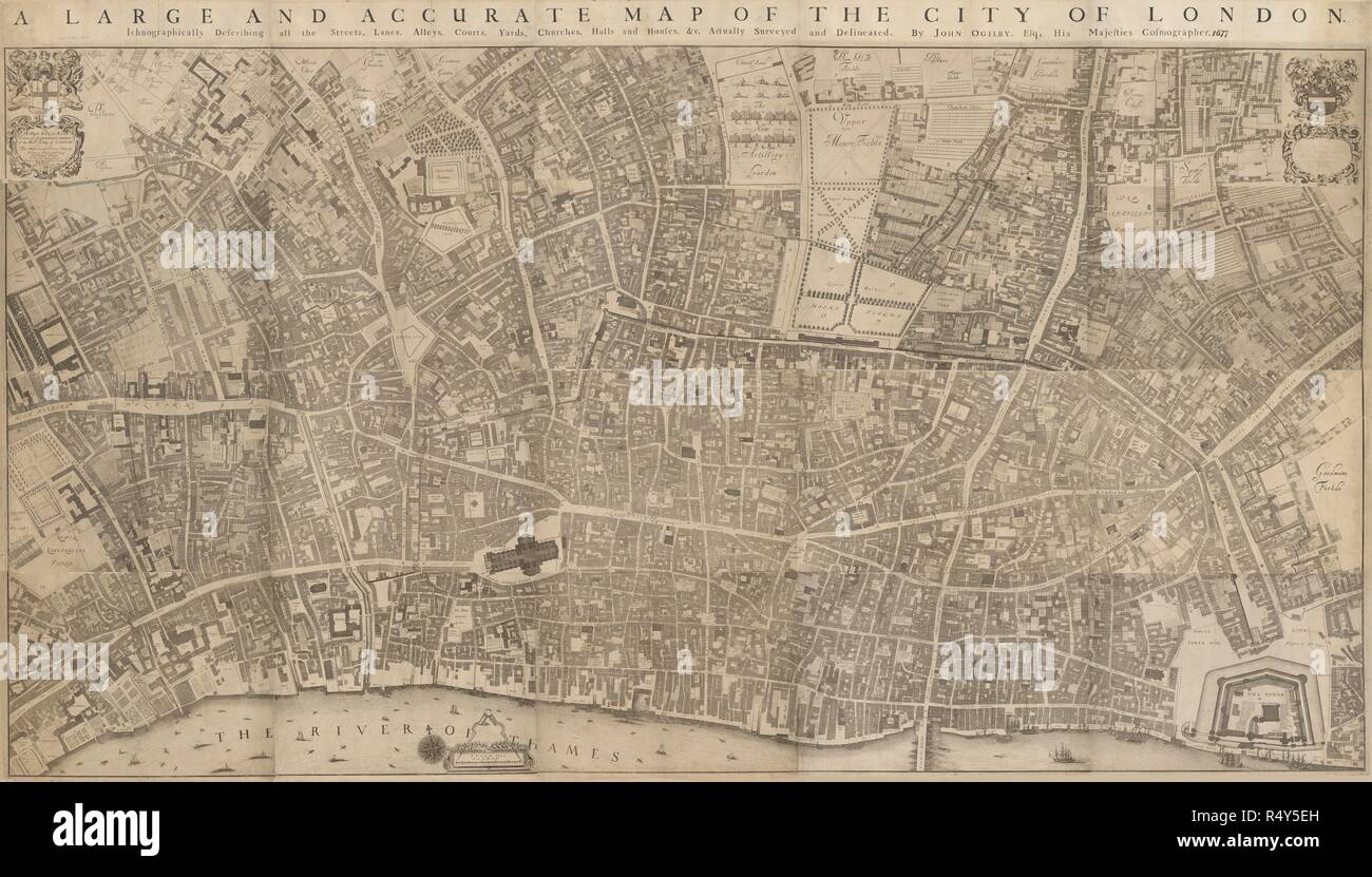 Una grande e accurata mappa della città di Londra. Ichnographically che descrivono tutte le strade e viuzze, vicoli, tribunali, iarde, chiese, sale e case, &c. Lo stemma della città e la dedizione al Signore sindaco, il degli assessori e degli sceriffi della città nel cartiglio posto sulla parte superiore sinistra e bracci di Sheldon, Lord Mayor in alto a destra e con bussola a stella e divisori in basso al centro. Questa è la prima accurata e dettagliata mappa di Londra, con tutti gli edifici rappresentati in pianta piuttosto che come bird's eye viste . 1677. Fonte: maps.Crace.2.61. Autore: MORGAN, William. OGILBY, John. Foto Stock