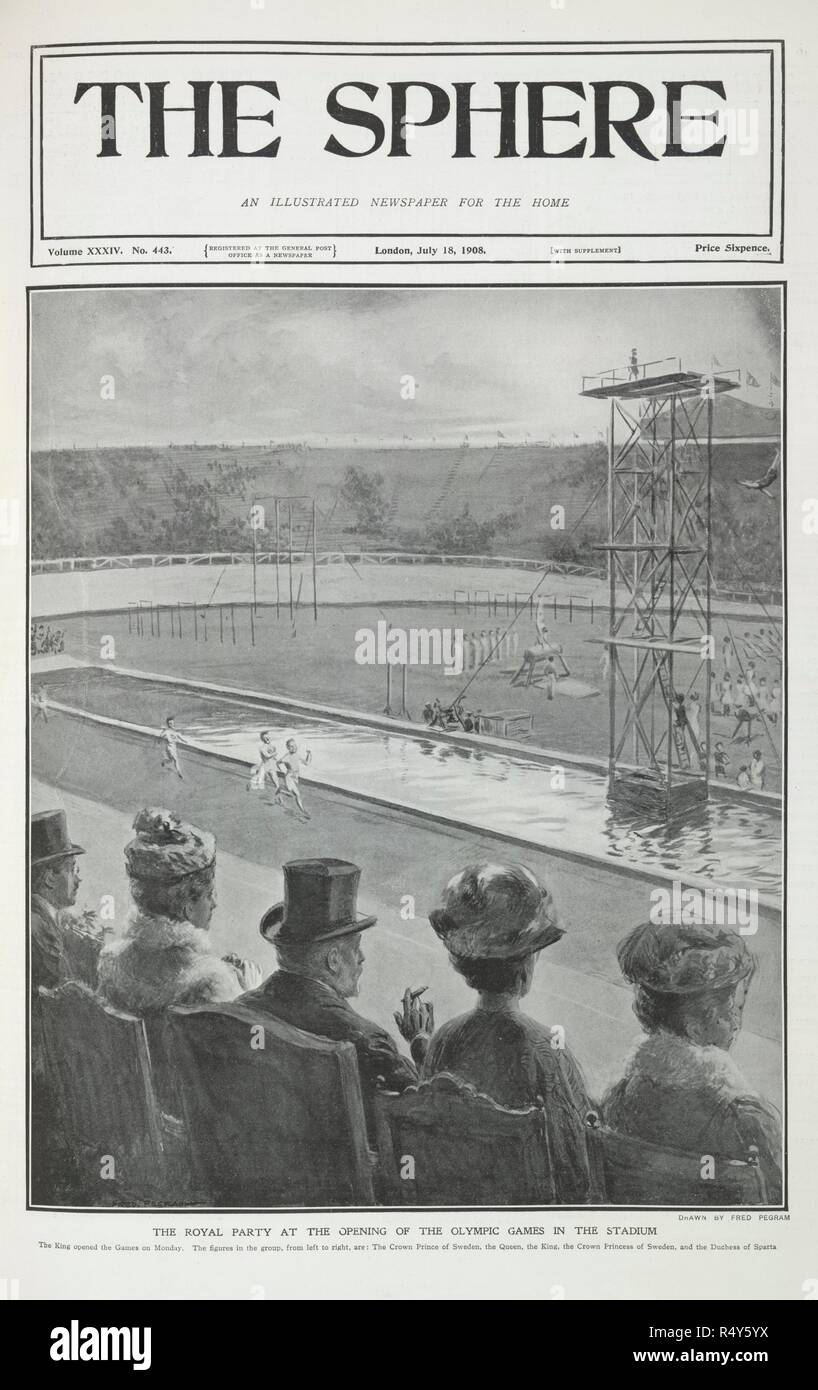 'Royal party presso i giochi olimpici nel stadium'. "Da sinistra a destra: il principe ereditario di Svezia; la regina; il re (Edward VII) ; la principessa ereditaria di Svezia; e la Duchessa di Sparta'. . La sfera. Londra, 18 luglio 1908. Illustrazione. Gli atleti in esecuzione; ginnasti e una piattaforma di immersioni. I giochi della IV Olimpiade. Fonte: la sfera, volume XXXIV, no.443, coperchio anteriore. Lingua: Inglese. Autore: Fred Pegram. Foto Stock