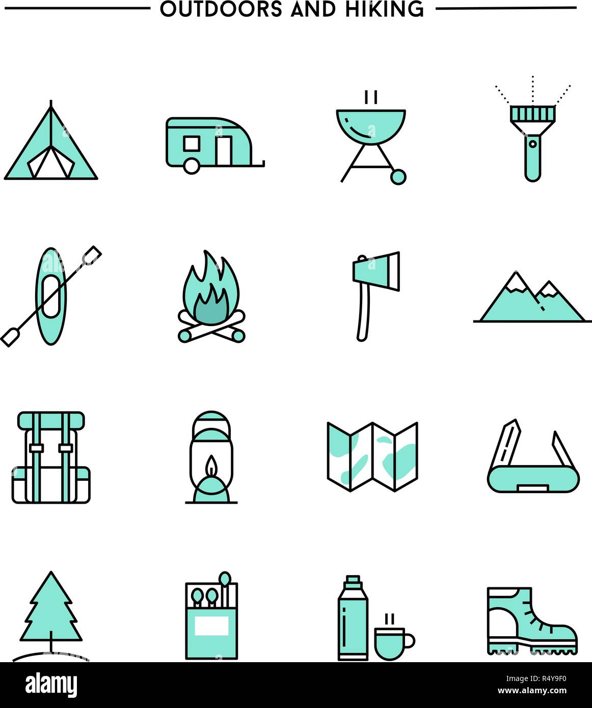 Set di design piatto e sottile linea escursionismo e icone all'aperto Illustrazione Vettoriale