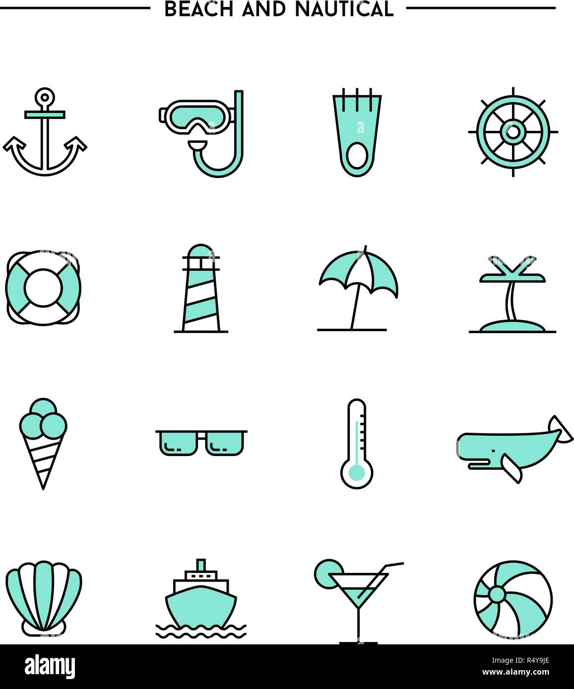 Set di design piatto e sottile spiaggia di linea e icone nautico Illustrazione Vettoriale