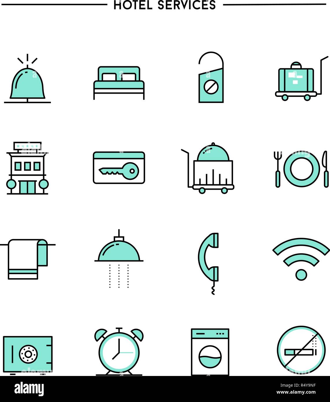 Set di design piatto e sottile linea hotel icone dei servizi Illustrazione Vettoriale