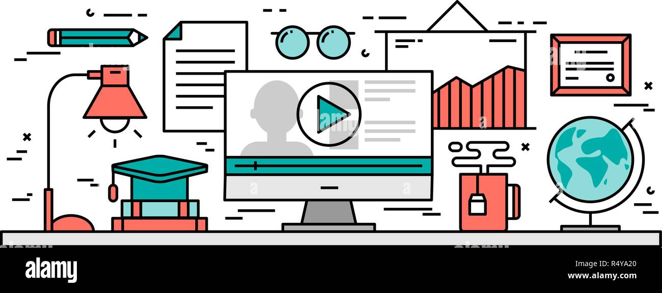 Linea sottile design piatto concetto di apprendimento online Illustrazione Vettoriale