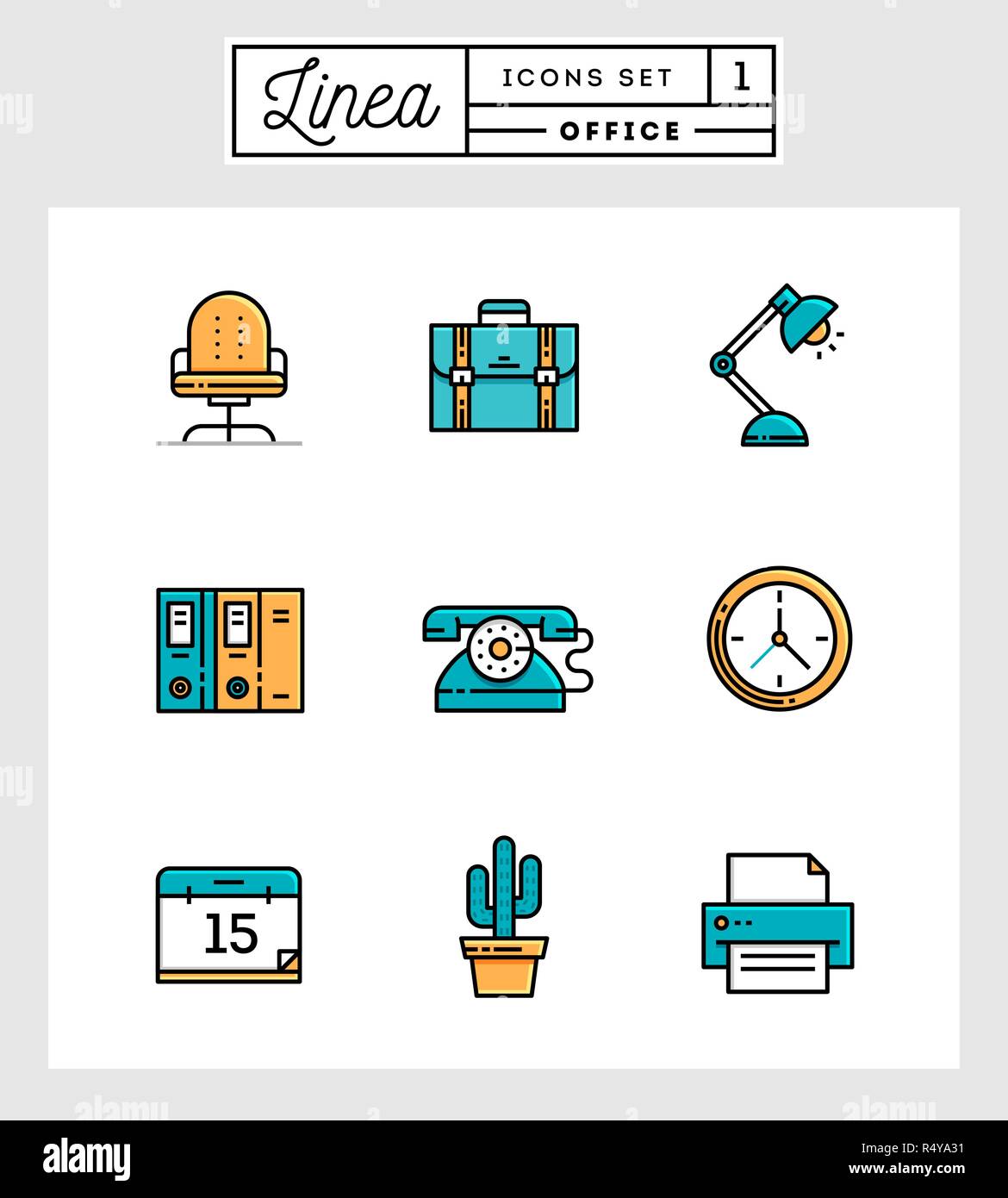 Set di design piatto le icone della linea di elementi di office Illustrazione Vettoriale