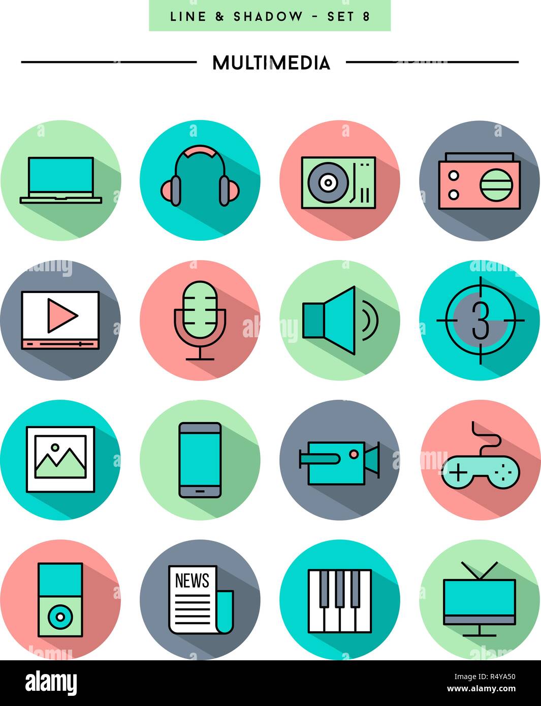 Set di design piatto,lunga ombra, linea sottile icone multimediali Illustrazione Vettoriale