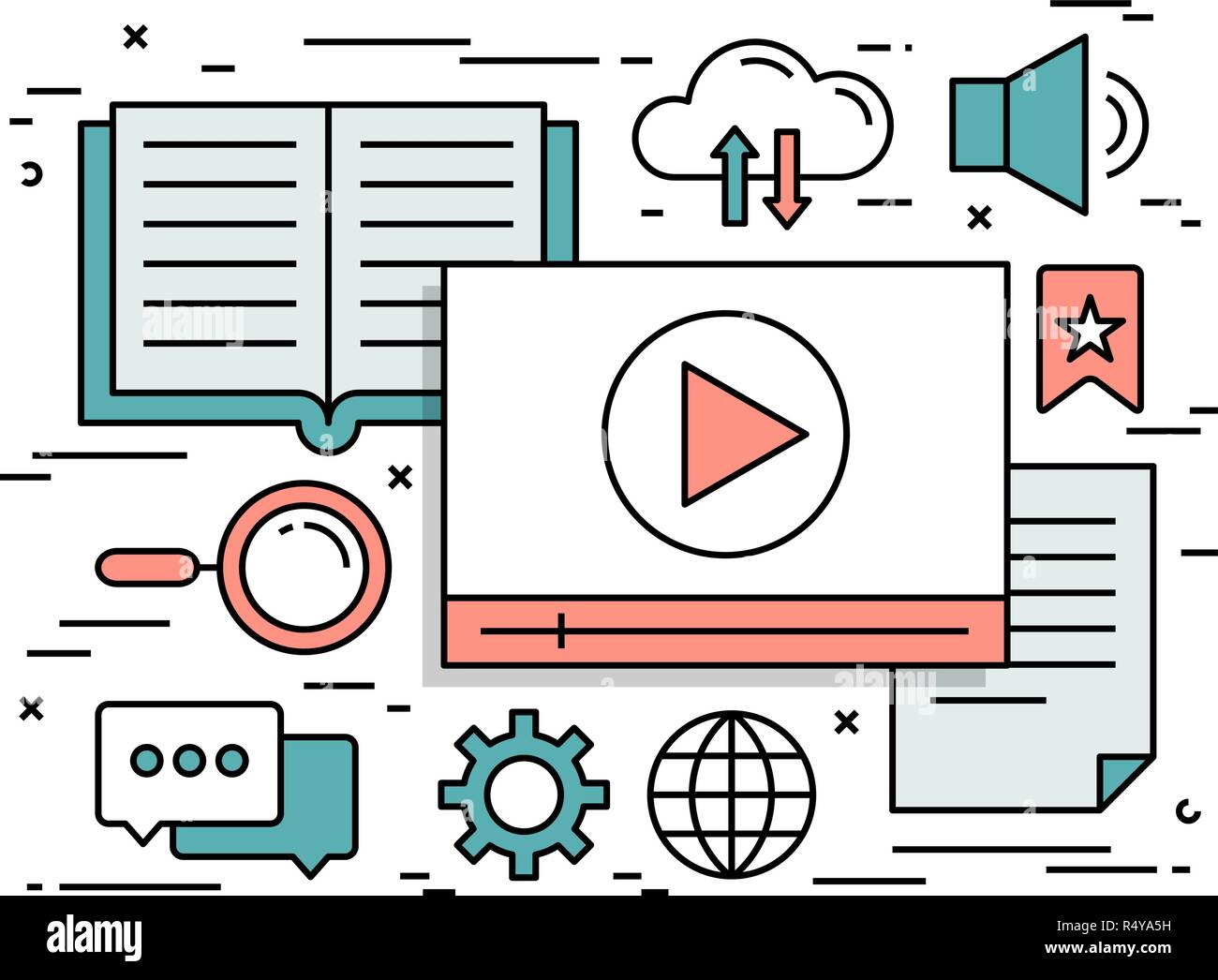 Linea sottile design piatto concetto di tutorial video Illustrazione Vettoriale