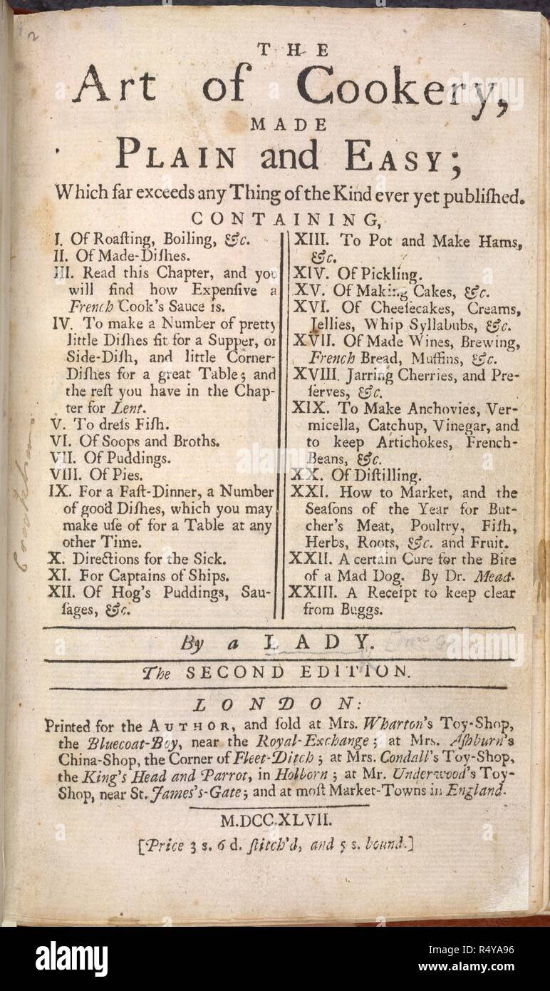 Un elenco del contenuto. L'arte culinaria ... Da una signora. Londra, 1747. Fonte: 1485.pp.18,. Lingua: Inglese. Autore: Glasse, Hannah. Foto Stock