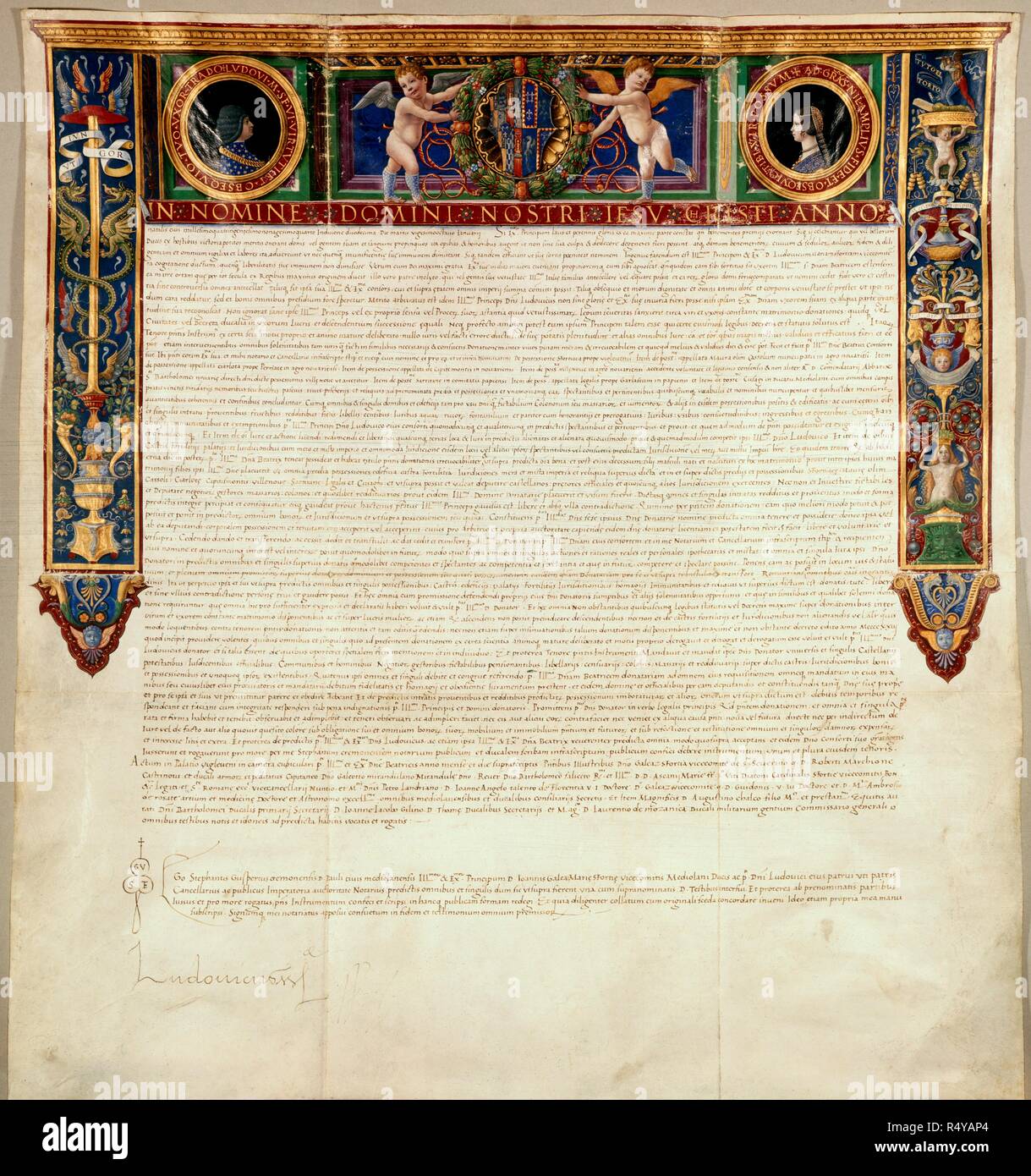 Una concessione da Ludovico Maria Sforza Visconti duca di Milano, a sua moglie Beatrice d'Este di terre nei territori di Novara, Pavia e Milano. 1494. La parte superiore del documento è ornata con un finemente verniciato di frontiera in cui sono introdotti medaglione ritratti di il Duca e la Duchessa, attribuito al Maestro Girolamo di Milano, con le loro armi e distintivi. Fonte: Aggiungi. 21413. Lingue: Latina. Foto Stock