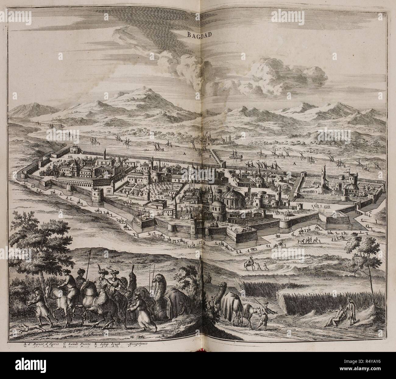 Una vista di Baghdad nel XVII secolo. Naukeurige beschryving van Asie: behelsende de gewesten van Mesopotamie, Babylonie, Assyrie, Anatolie, di Klein Asie ... Amsterdam Paesi Bassi. Fonte: 984.g.14 dopo la pagina 120. Lingua: tedesco. Autore: DAPPER, OLFERT. Foto Stock