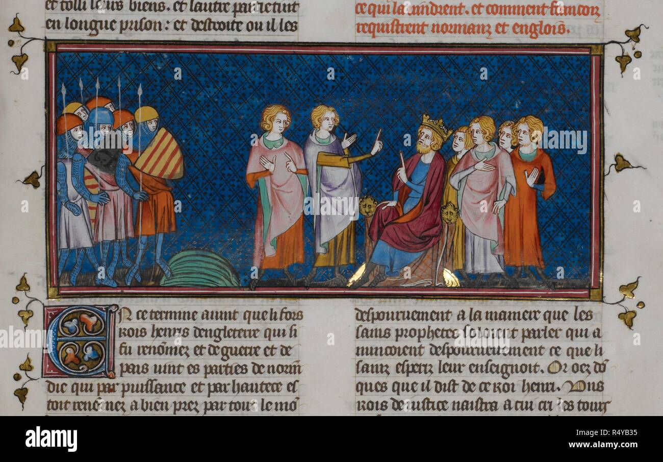 Enrico I di Inghilterra riceve inviati francese nei pressi di Gisors. . Chroniques de France ou de Saint Denis. La Francia. Secondo trimestre del XIV secolo. Fonte: Royal 16 G. VI, f.286. Foto Stock