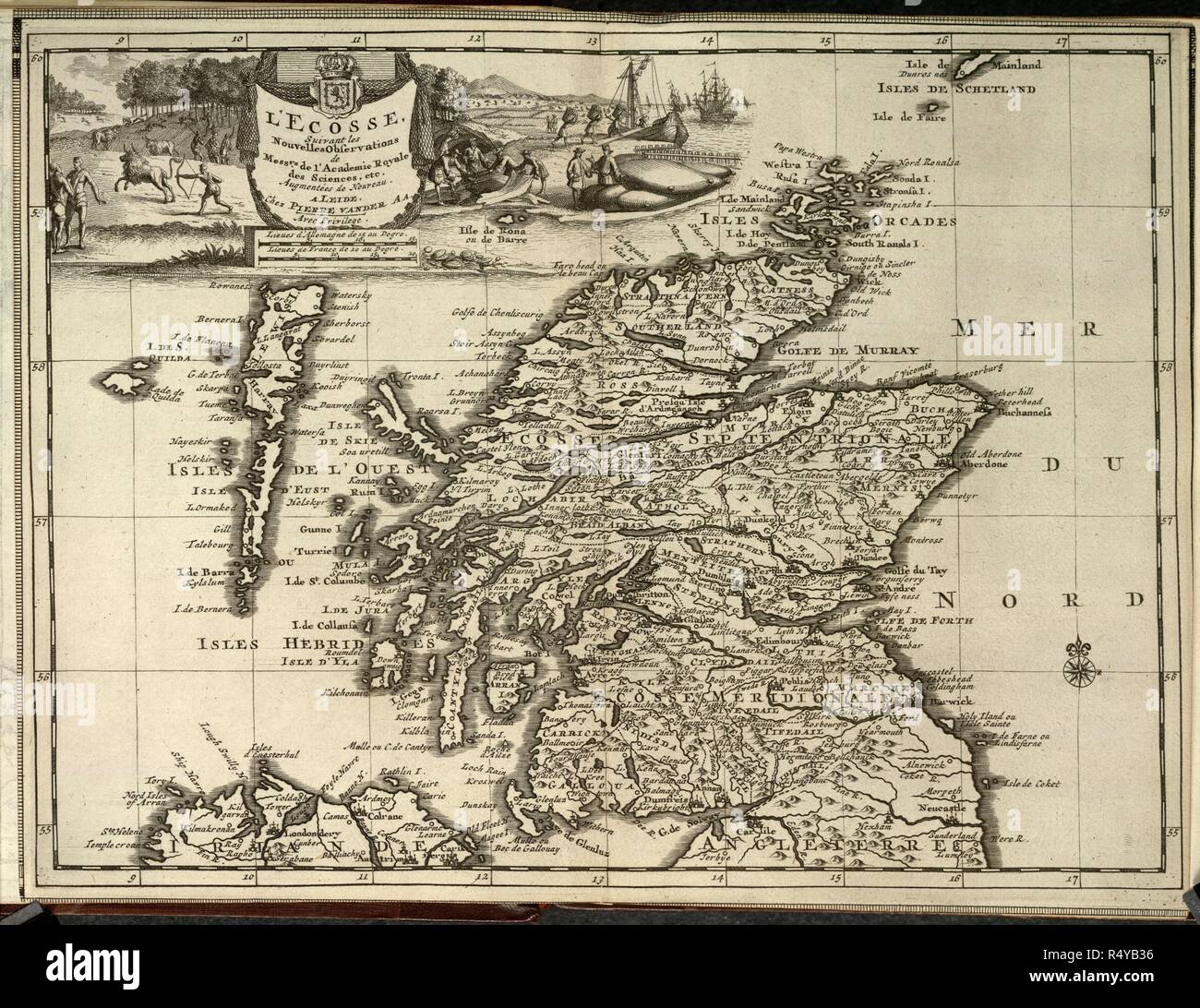 La Scozia. [Nouvel Atlas ... contenant les principales cartes. [Leide] : [P. van der aa], [1714]. Mappa della Scozia. Immagine presa da [Nouvel Atlas contenant les principales cartes gÃ©ographiques. DressÃ© suivant les nouvelles osservazioni de La sig.ra de l'Academie Royale des Sciences, par P. van der aa].. Originariamente pubblicato/prodotto in [Leide] : [P. van der aa], [1714]. . Fonte: maps.C.39.b.1, 3. Lingua: Francese. Foto Stock