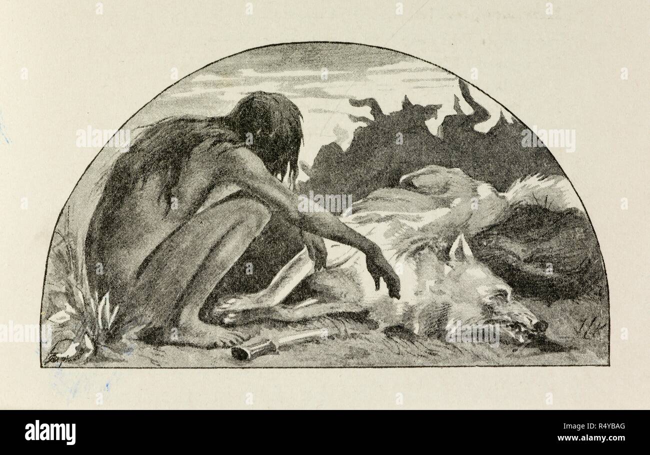 Mowgli ed un lupo. Il secondo libro della giungla. Londra, 1895. Fonte: c.117.d.5. Lingua: Inglese. Autore: Kipling, John Lockwood. Foto Stock