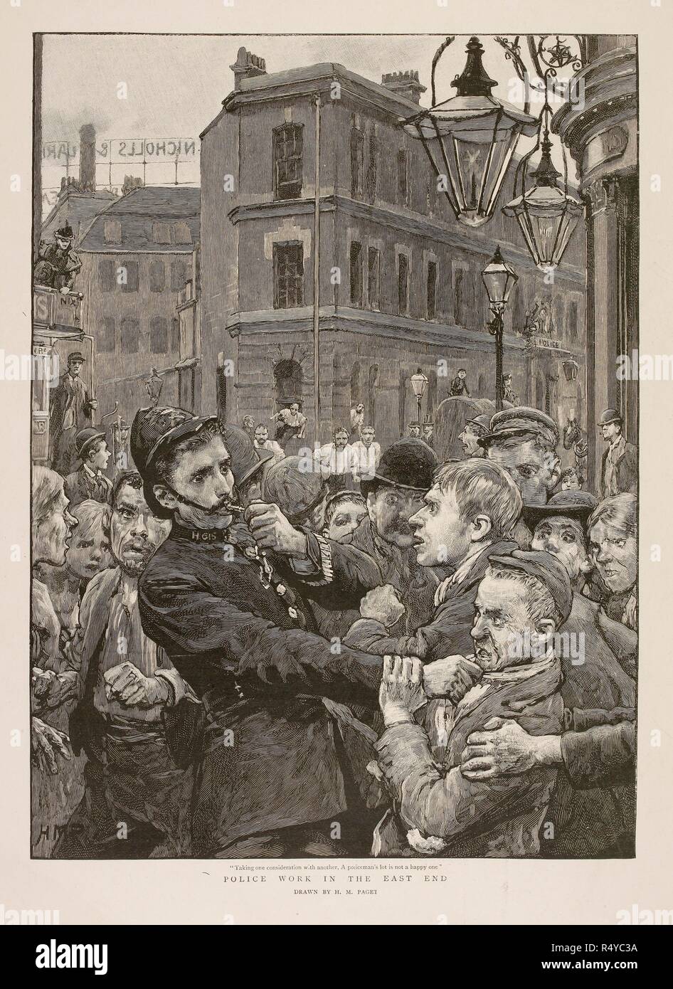 "Il lavoro di polizia nell'estremità est'. Un poliziotto cercando di controllare una folla. Il grafico. Il 28 dicembre 1895. Fonte: il grafico 28/12/1895, p. 804. Foto Stock